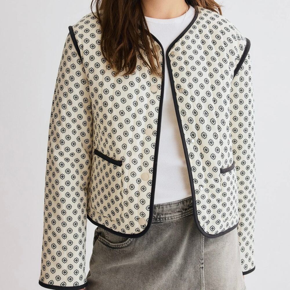 H&M Divided Quilted Trim Collarless Jacket Women's Small Cream Black